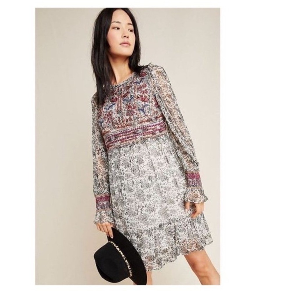Anthropologie Gisella Beaded Dress Boho Long Sleeve size 10 women's festive